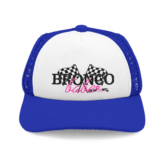 Bronco Babe Trucker Dog Hat — Pink Script & Checkered Flags Foam Cap