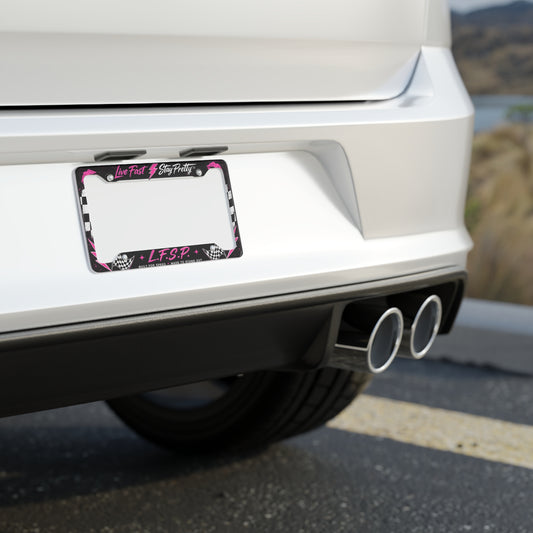 Live Fast Stay Pretty License Plate Frame | Pink Lightning Racing Checkered