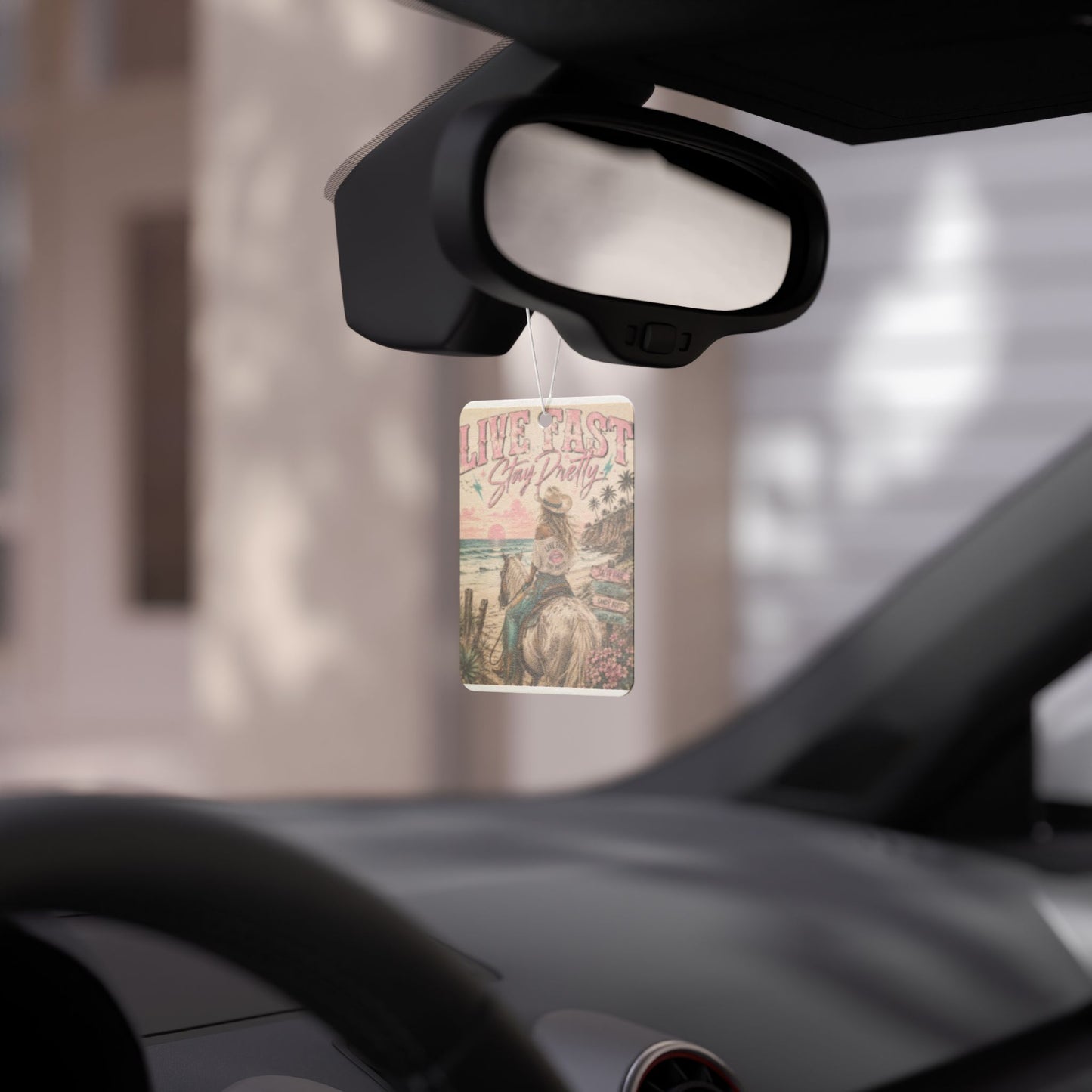 Live Fast Stay Pretty Car Air Freshener | Retro Cowgirl Beach Illustration