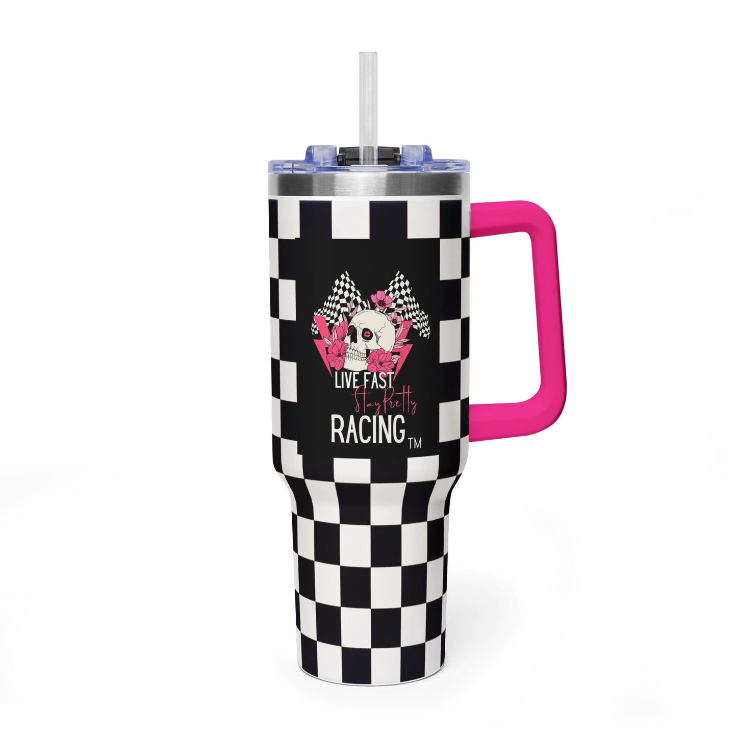 40oz Racing Checkered Vacuum Tumbler — "Live Fast Racing" Insulated Cup