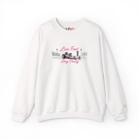 Embroidered Crewneck Sweatshirt — 'Live Fast, Stay Pretty' Vintage Drag Racing