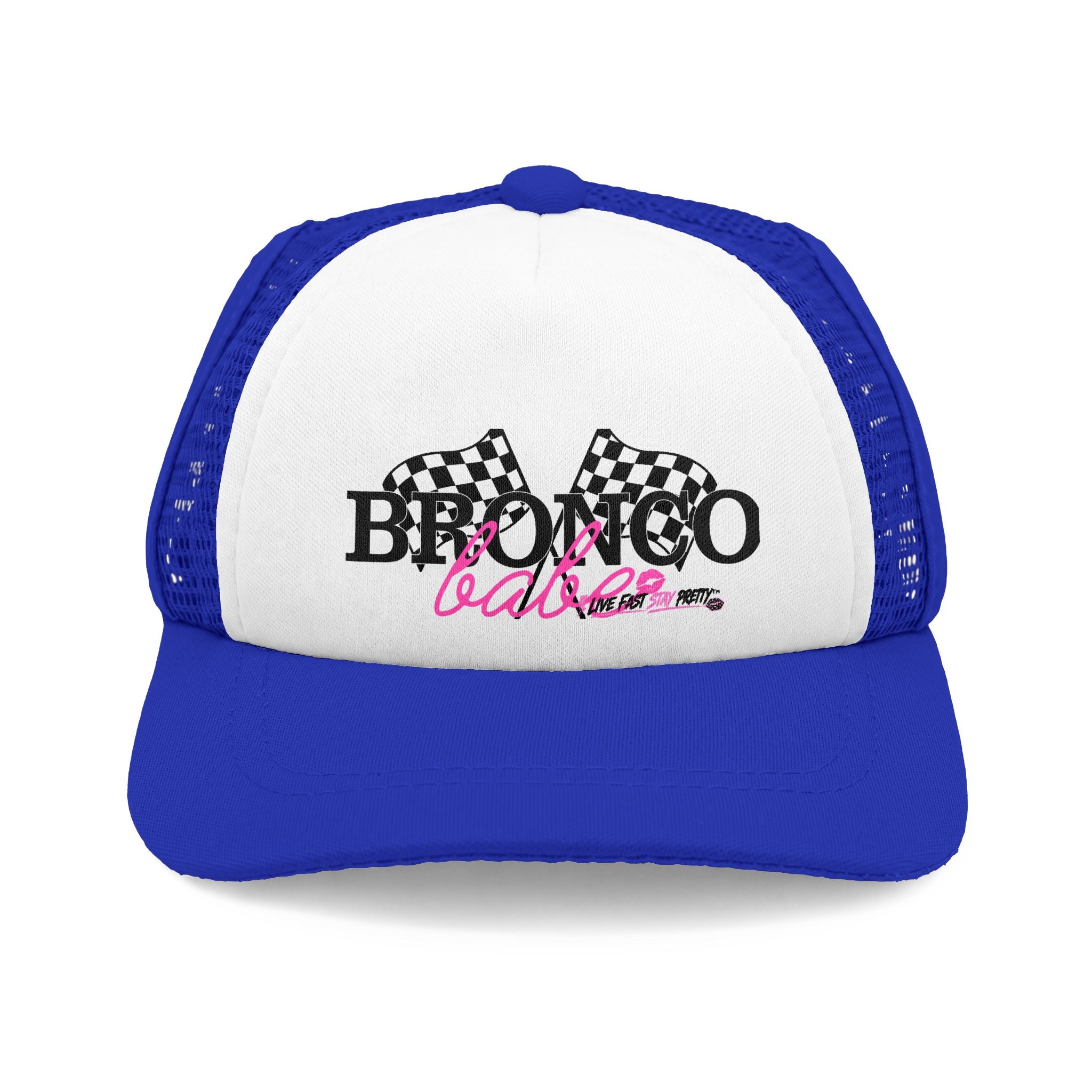 Bronco Babe Trucker Dog Hat — Pink Script & Checkered Flags Foam Cap