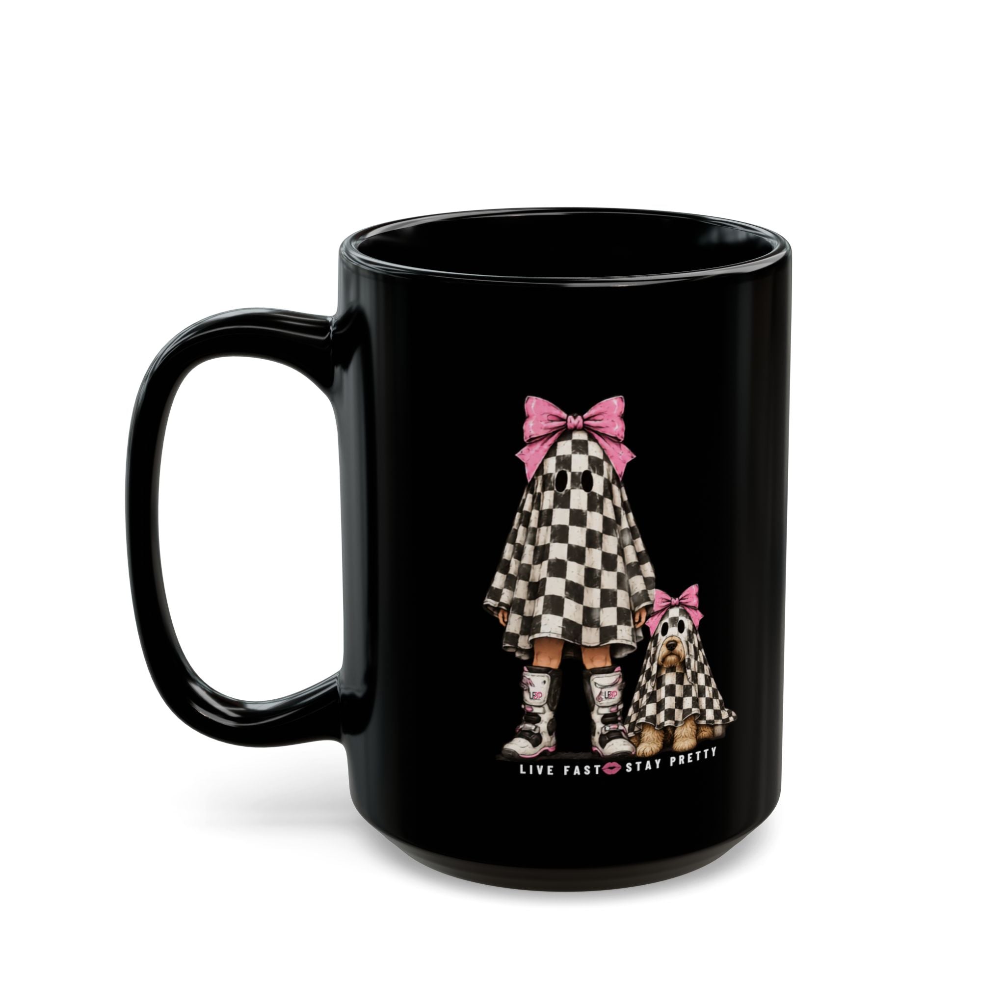 Checkerboard Ghost Girl & Puppy Mug (11oz/15oz)