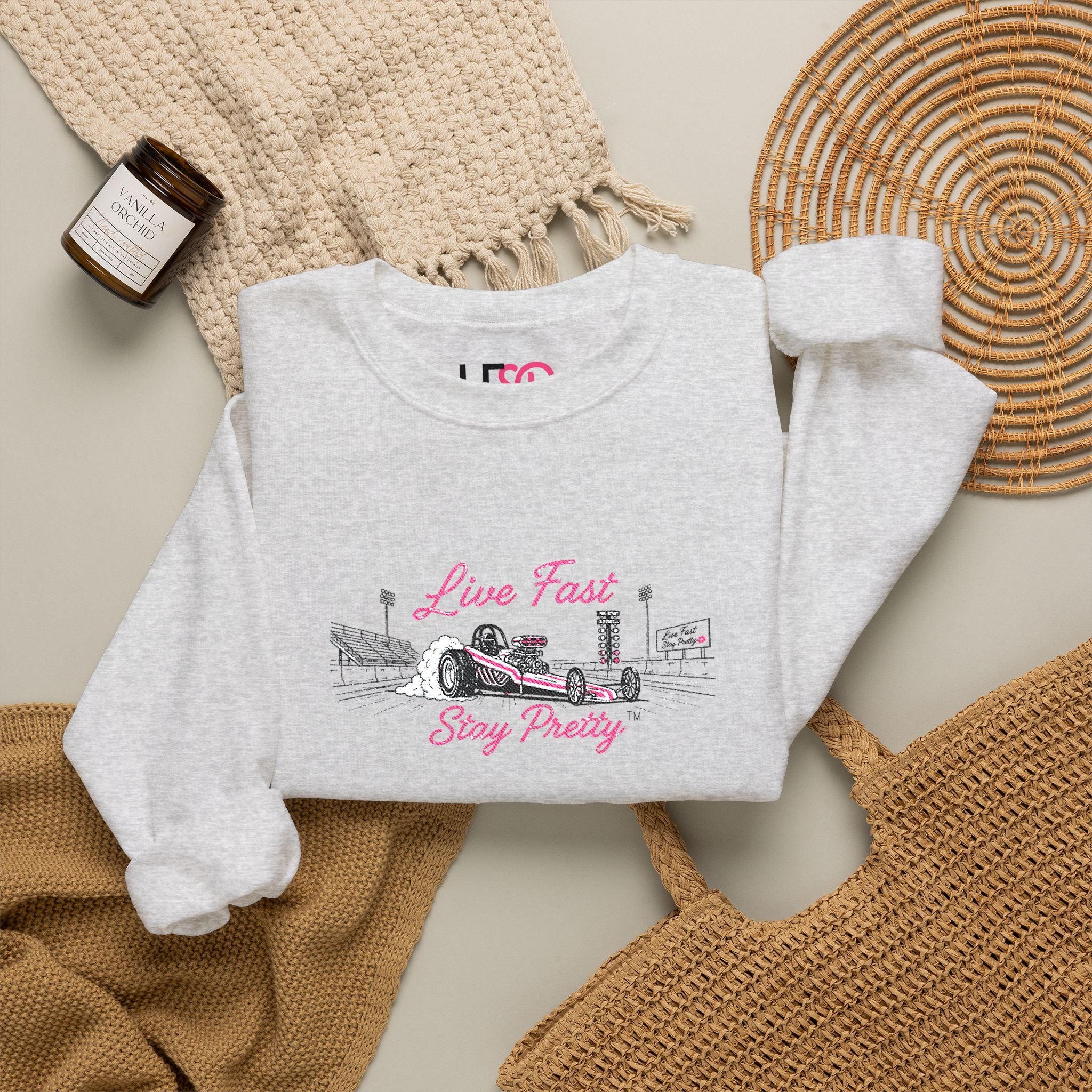 Embroidered Crewneck Sweatshirt — 'Live Fast, Stay Pretty' Vintage Drag Racing