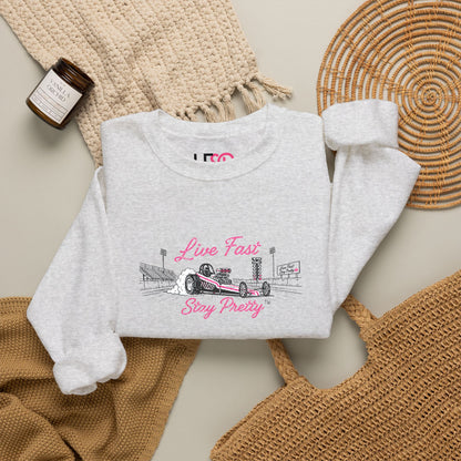 Embroidered Crewneck Sweatshirt — 'Live Fast, Stay Pretty' Vintage Drag Racing