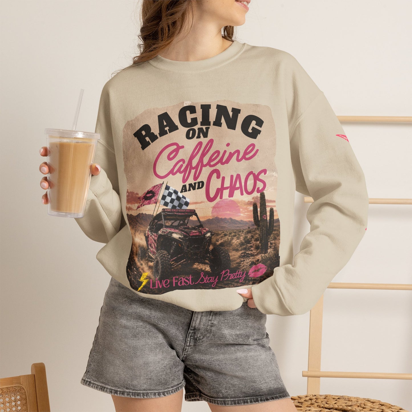 Crewneck Sweatshirt - "Racing on Caffeine and Chaos" Desert Off-Road Graphic