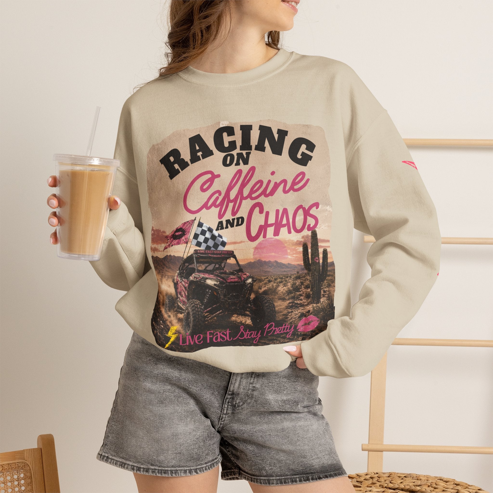 Crewneck Sweatshirt - "Racing on Caffeine and Chaos" Desert Off-Road Graphic