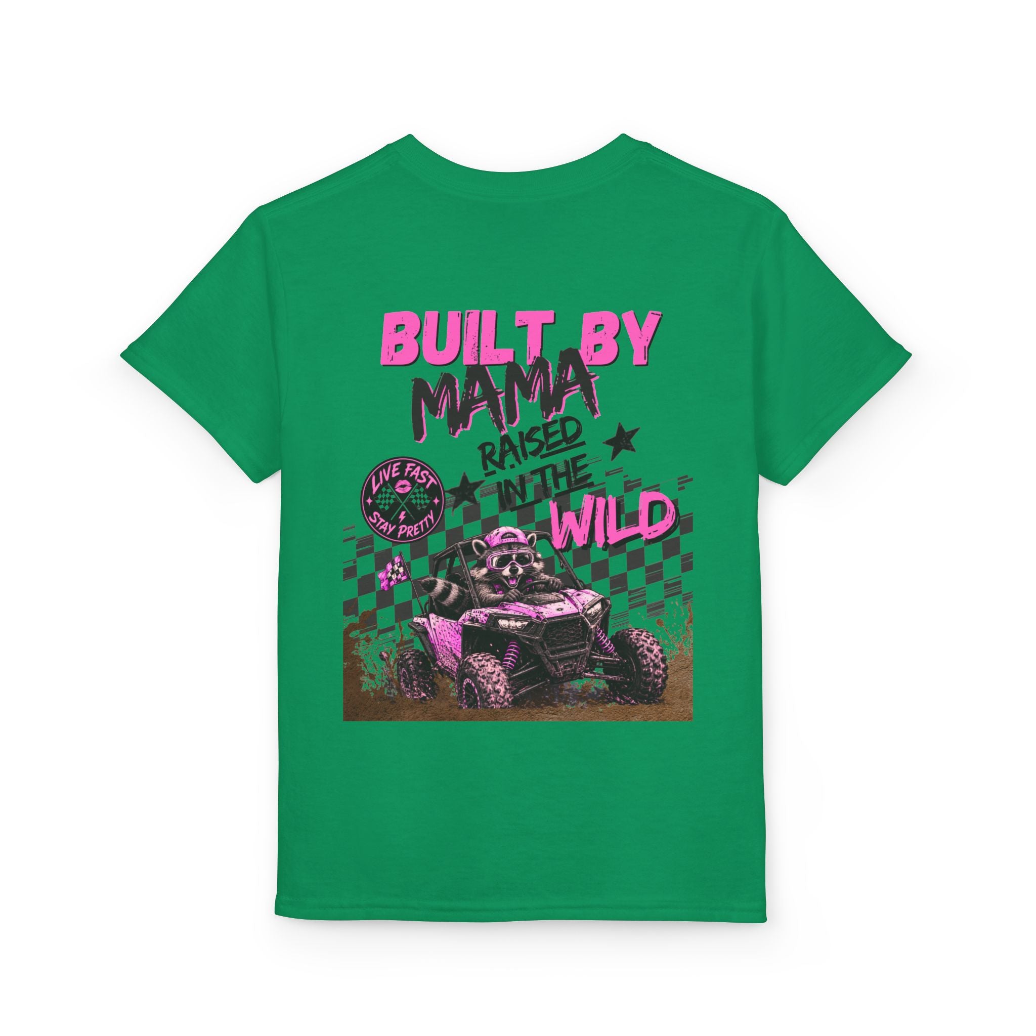 Youth T-Shirt Pink — "Built by Mama Raised Wild"