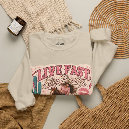 Live Fast Stay Pretty barrel racing cowgirl Crewneck sweatshirt | Western rodeo graphic