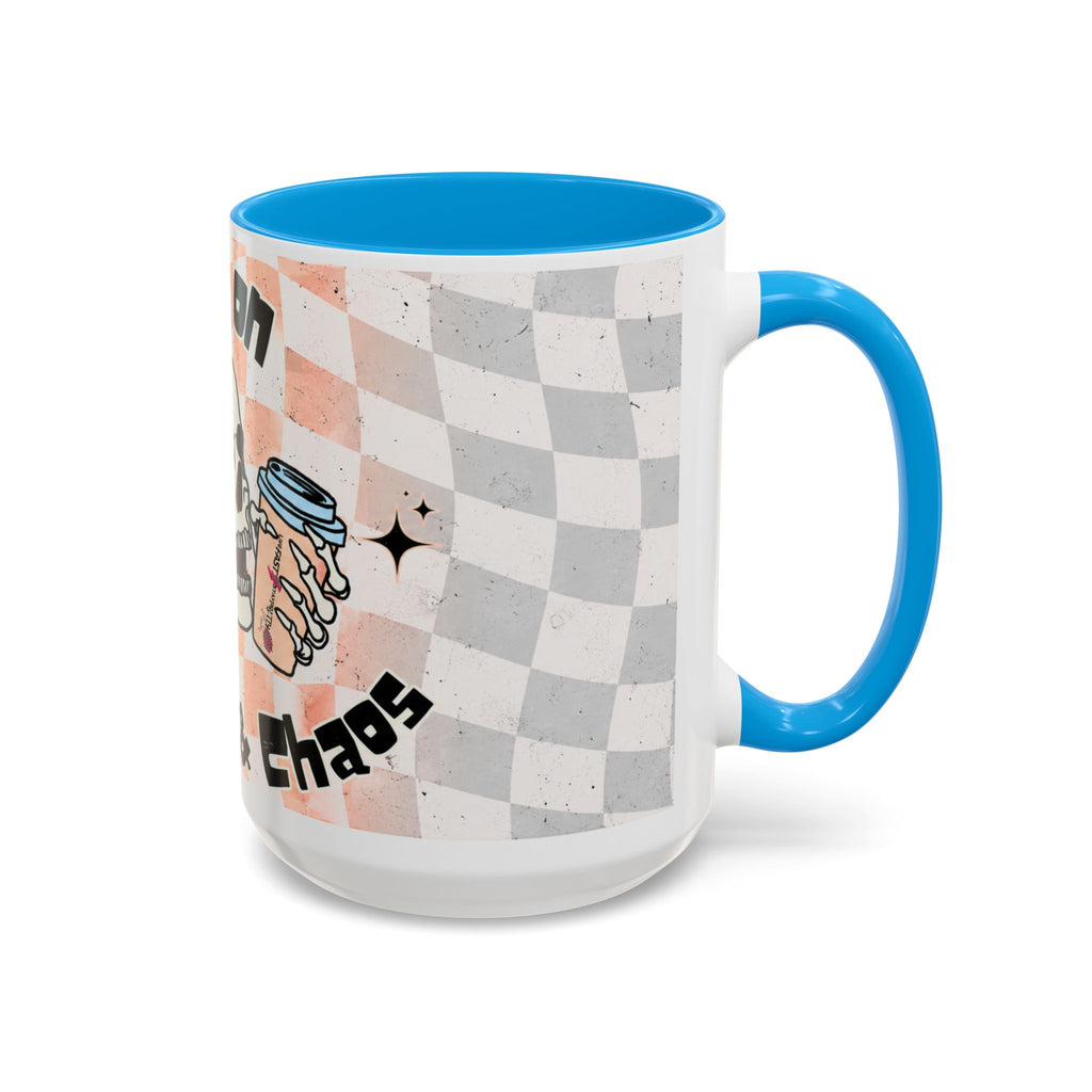 Skull & Coffee Ceramic Mug — 'Racing on Caffeine & Chaos' Checkerboard 15oz