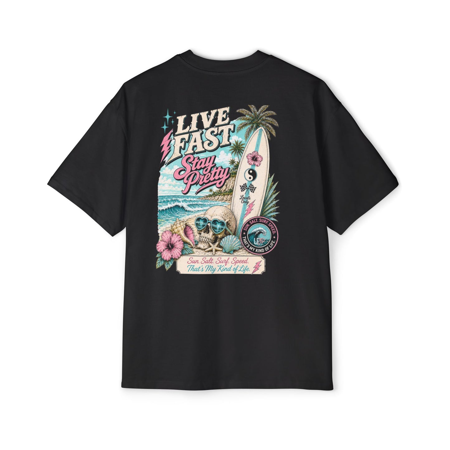 Live Fast Stay Pretty Oversized Heavy Tee — Vintage Surf Skull Graphic Shirt