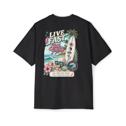 Live Fast Stay Pretty Oversized Heavy Tee — Vintage Surf Skull Graphic Shirt