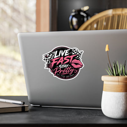 Live Fast Stay Pretty vinyl sticker | Racing lips decal, pink checkered design