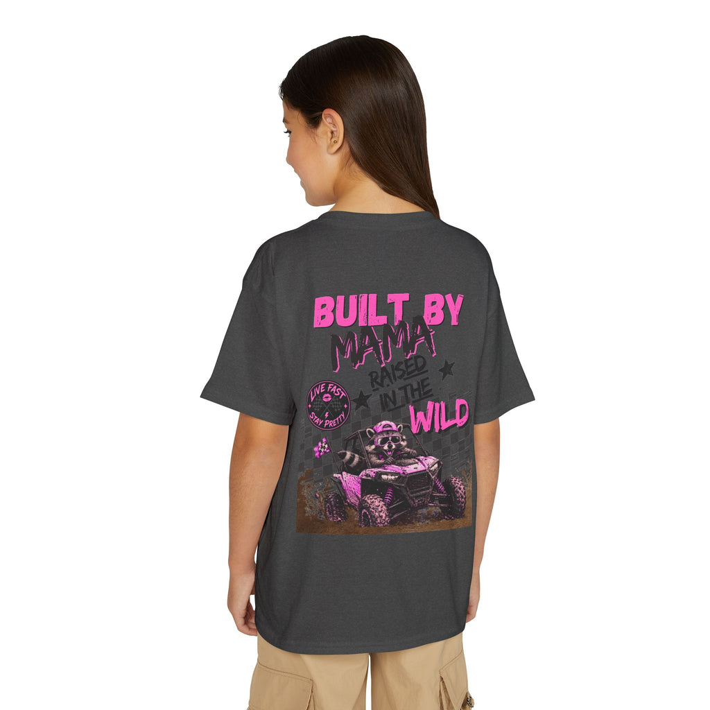 Youth T-Shirt Pink — "Built by Mama Raised Wild"