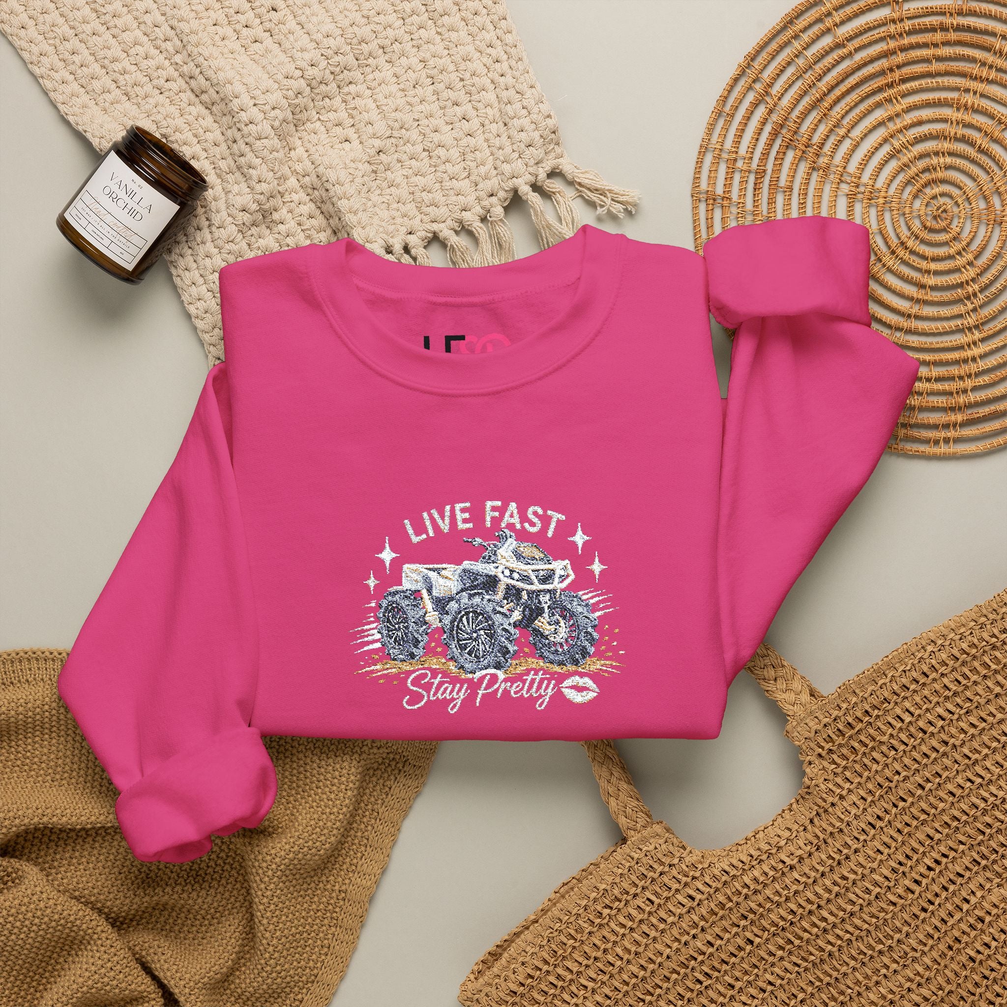 Embroidered Crewneck Sweatshirt — 'Live Fast, Stay Pretty' Mud 4-Wheeler