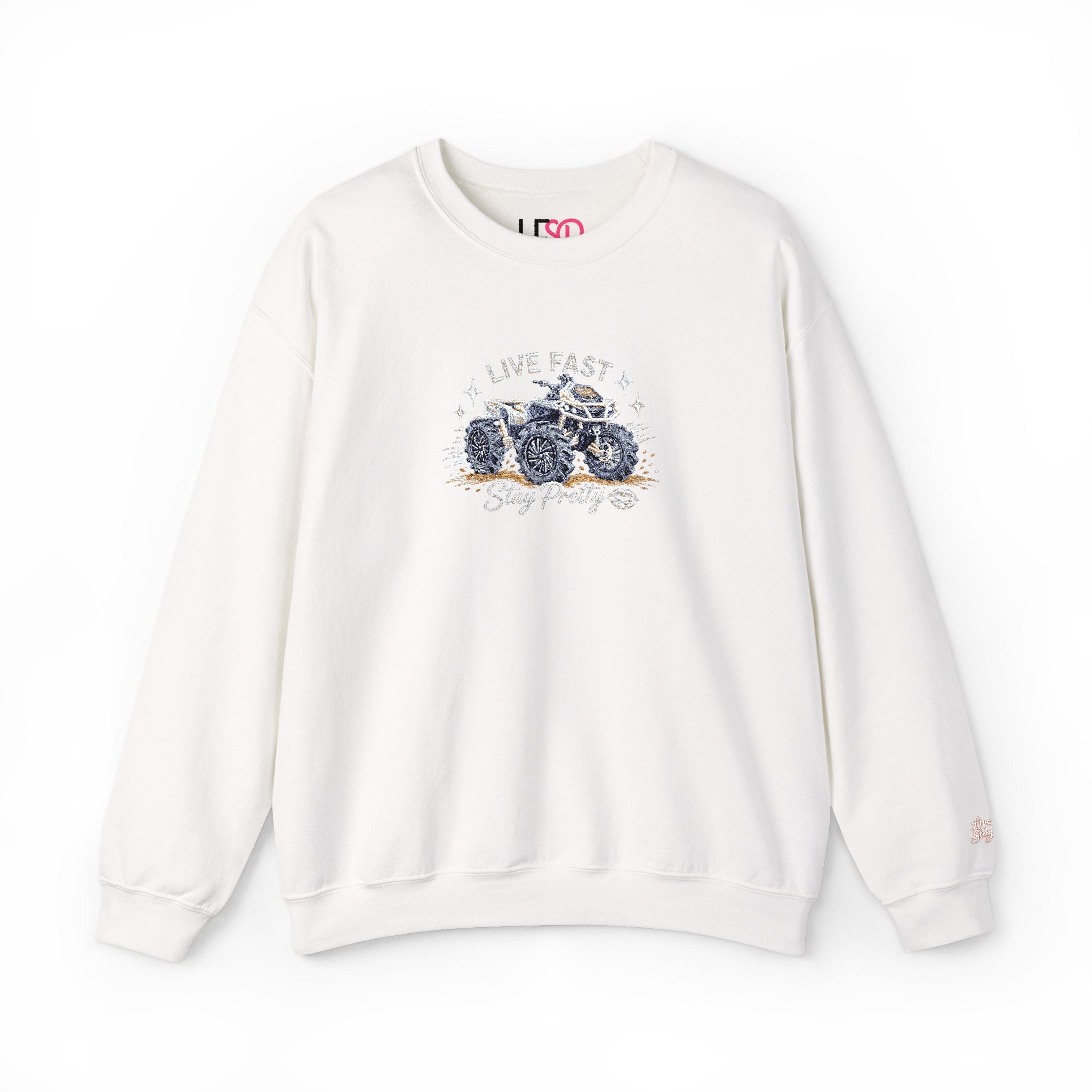 Embroidered Crewneck Sweatshirt — 'Live Fast, Stay Pretty' Mud 4-Wheeler