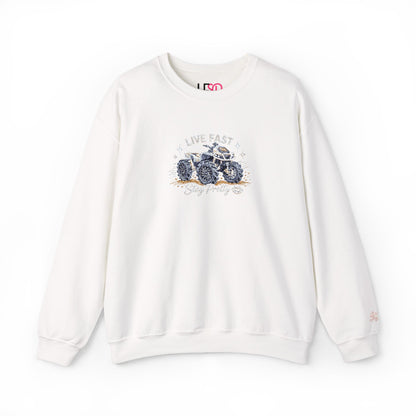 Embroidered Crewneck Sweatshirt — 'Live Fast, Stay Pretty' Mud 4-Wheeler