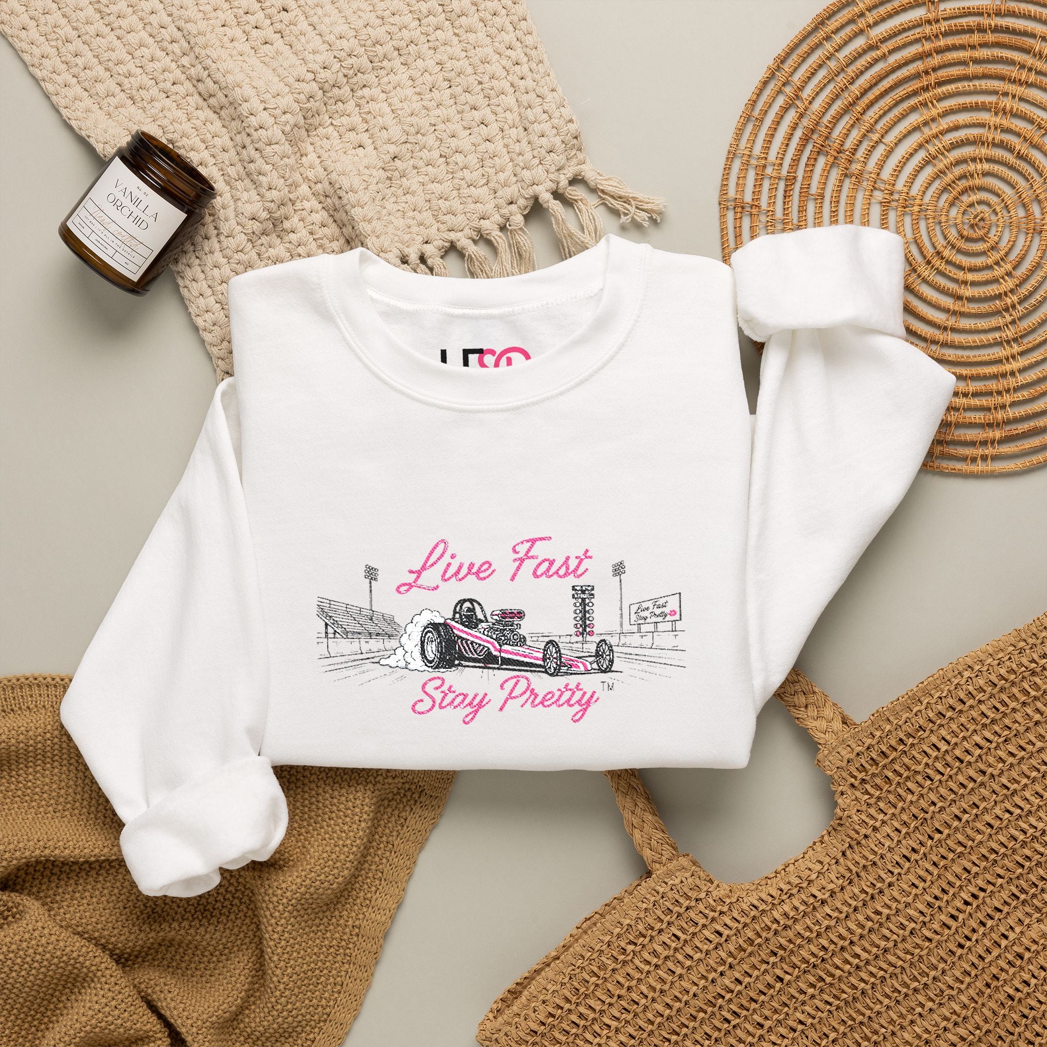Embroidered Crewneck Sweatshirt — 'Live Fast, Stay Pretty' Vintage Drag Racing