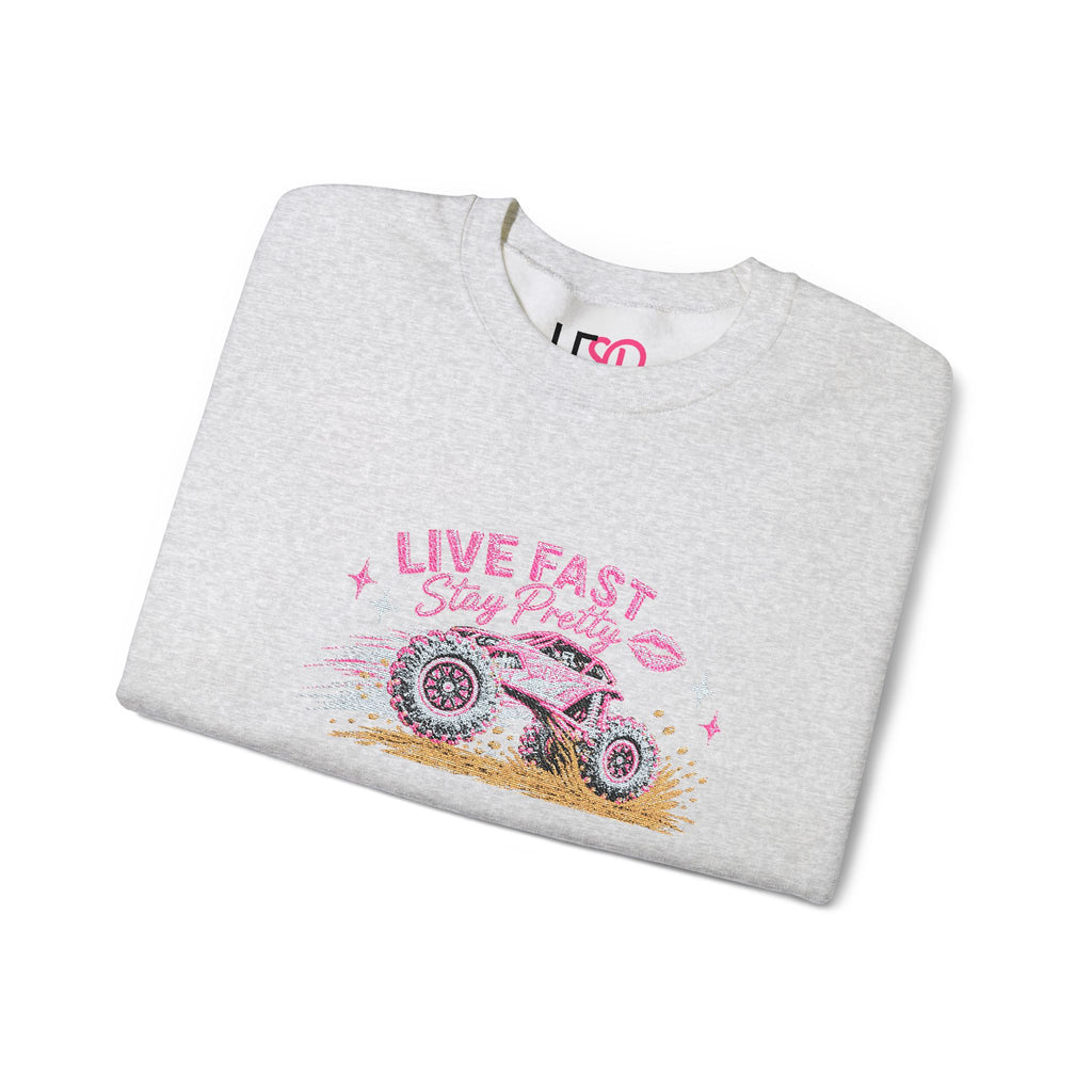 Embroidered Crewneck Sweatshirt — 'Live Fast, Stay Pretty Mud SXS