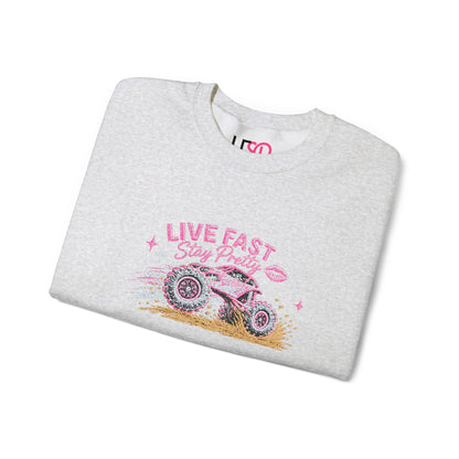 Embroidered Crewneck Sweatshirt — 'Live Fast, Stay Pretty Mud SXS