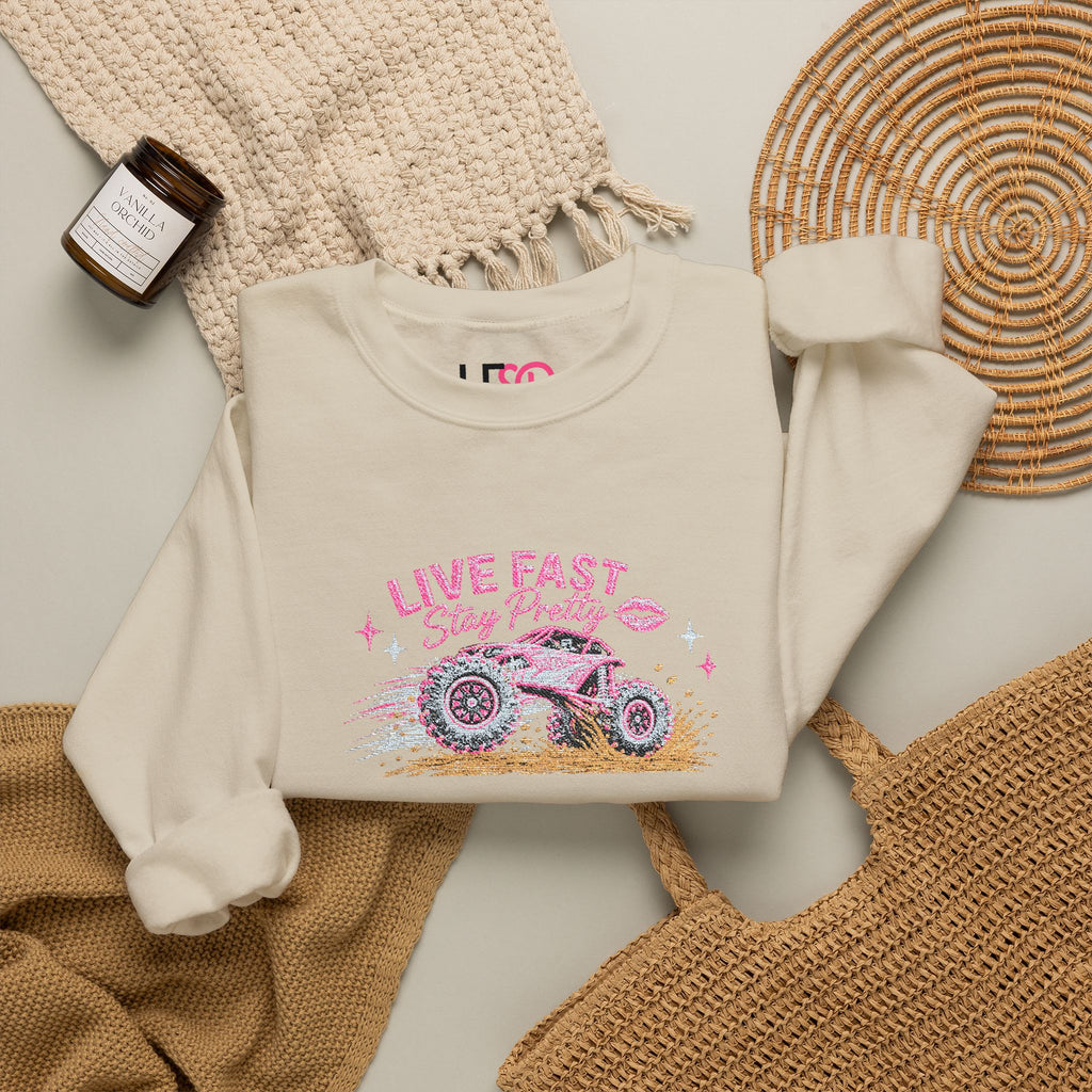 Embroidered Crewneck Sweatshirt — 'Live Fast, Stay Pretty Mud SXS