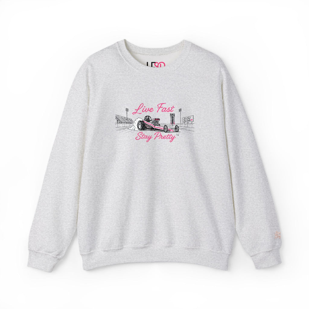 Embroidered Crewneck Sweatshirt — 'Live Fast, Stay Pretty' Vintage Drag Racing
