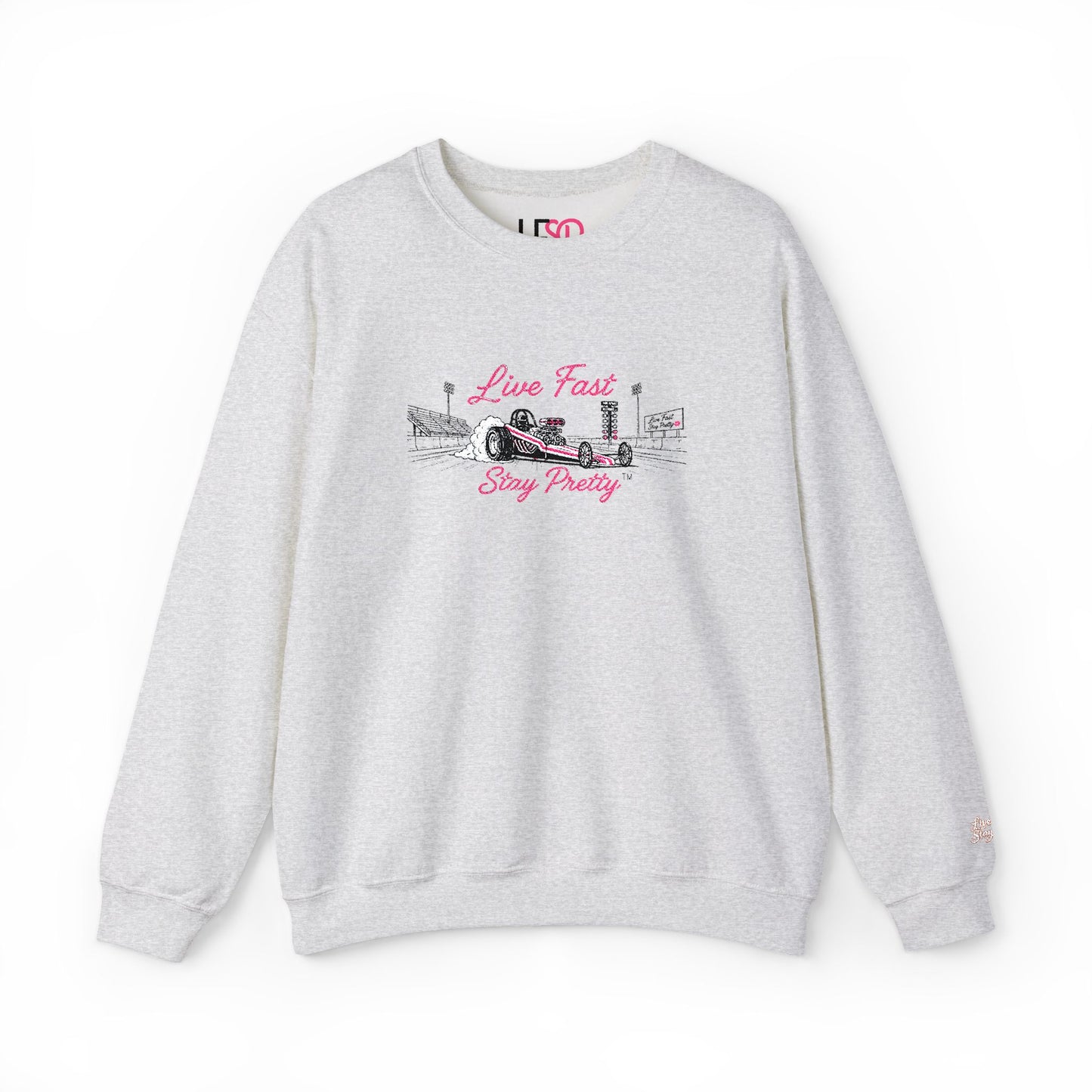 Embroidered Crewneck Sweatshirt — 'Live Fast, Stay Pretty' Vintage Drag Racing