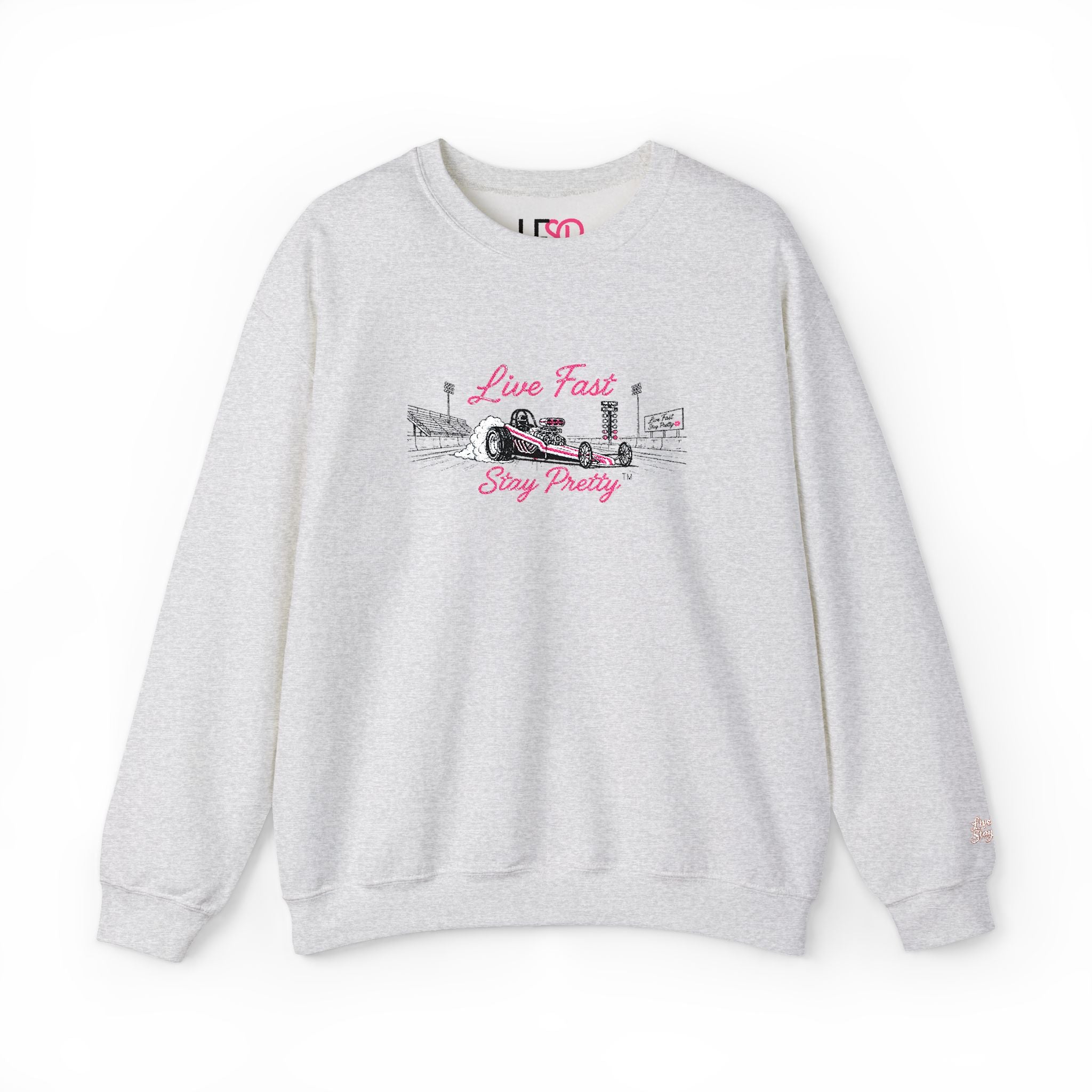 Embroidered Crewneck Sweatshirt — 'Live Fast, Stay Pretty' Vintage Drag Racing