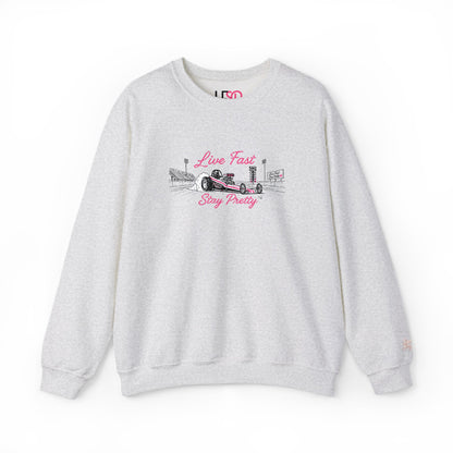 Embroidered Crewneck Sweatshirt — 'Live Fast, Stay Pretty' Vintage Drag Racing