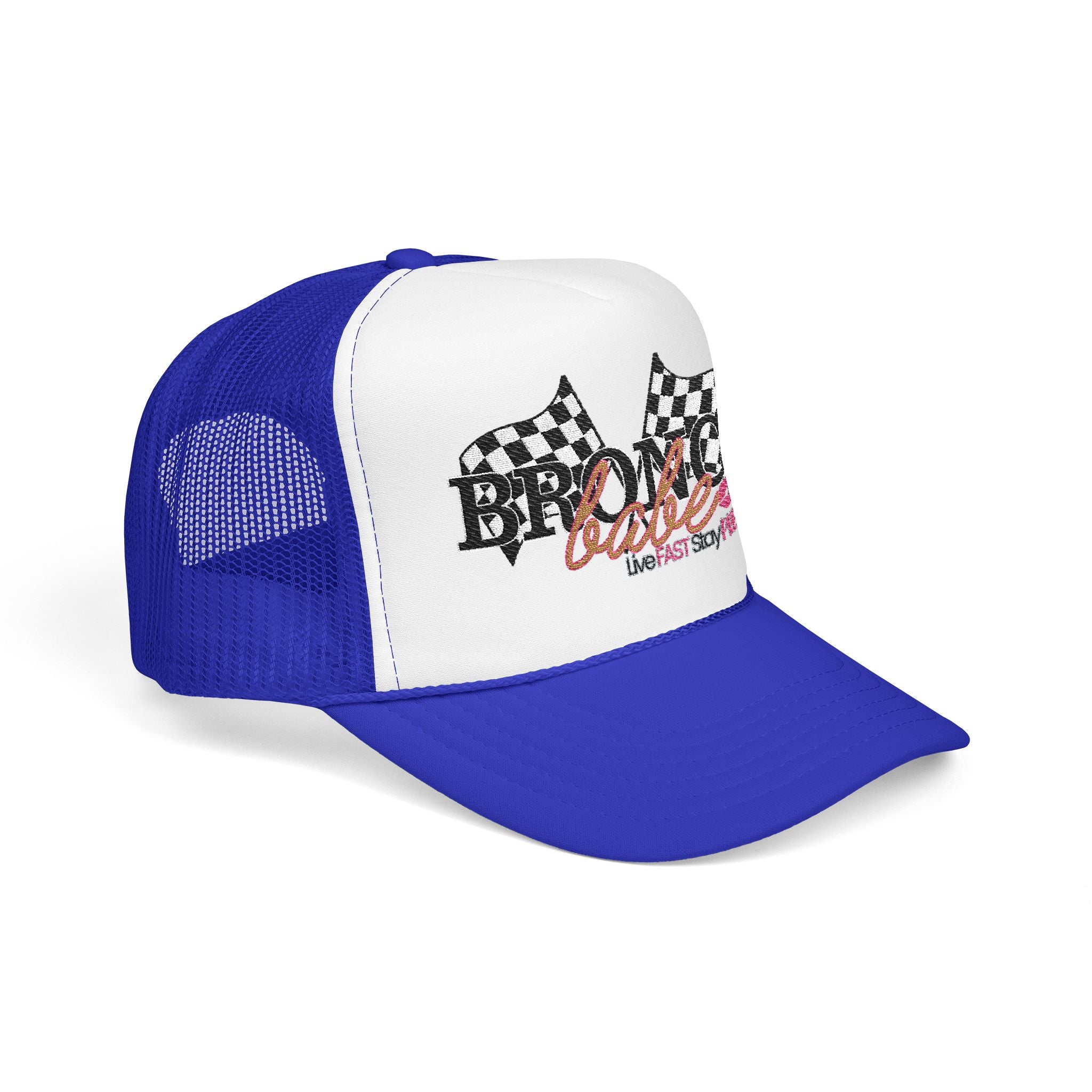Bronco Babe Trucker Hat — Retro Racing Flag Foam Cap