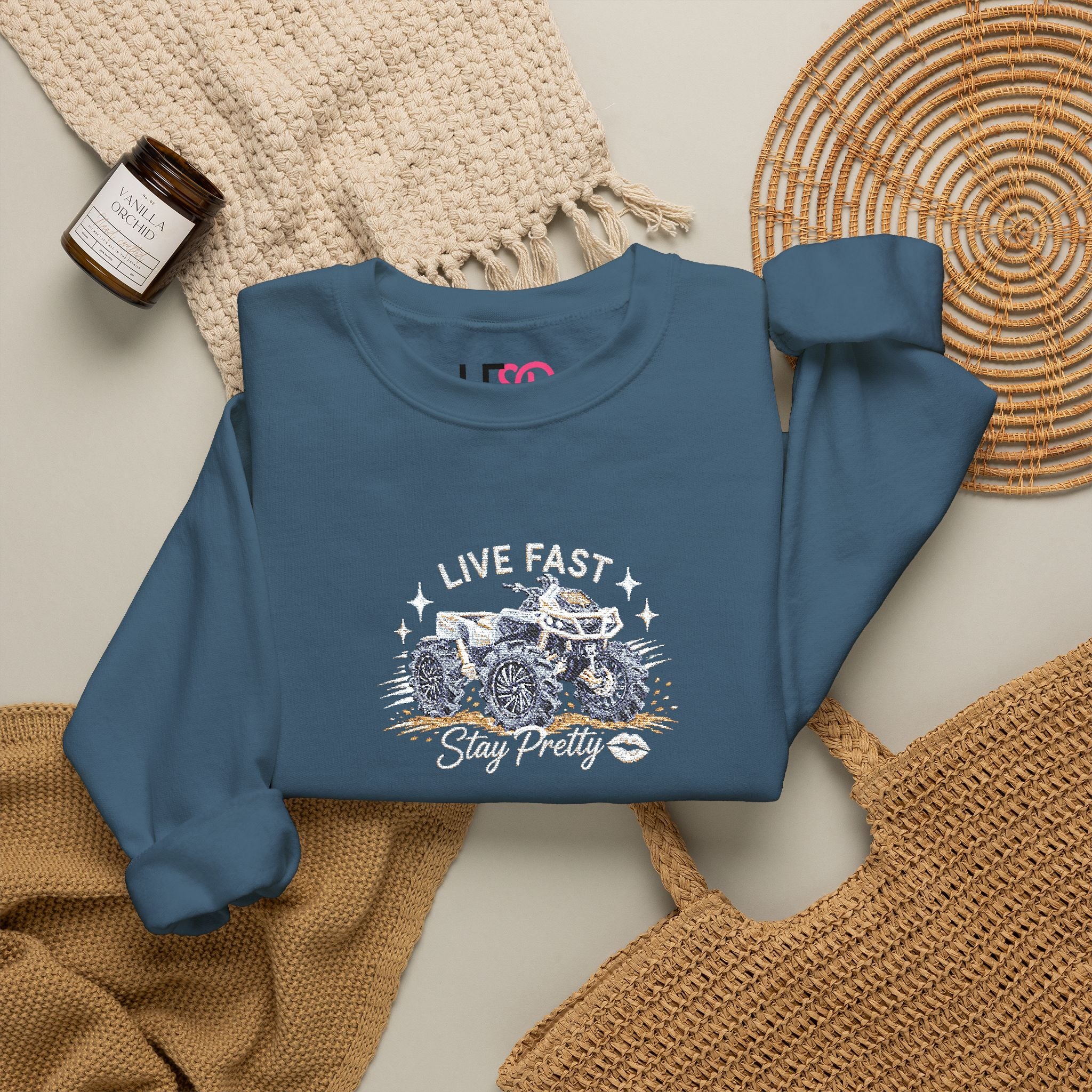 Embroidered Crewneck Sweatshirt — 'Live Fast, Stay Pretty' Mud 4-Wheeler
