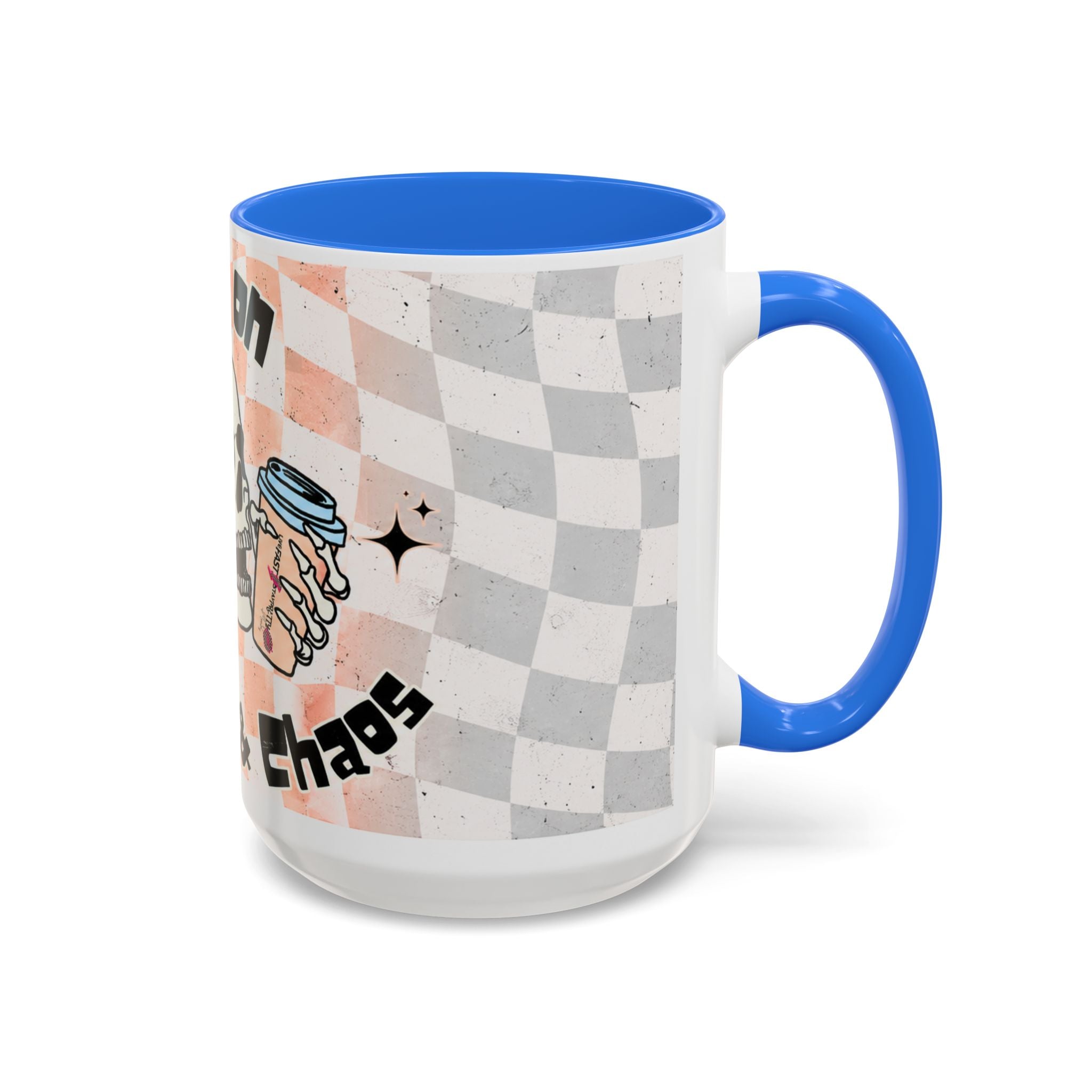 Skull & Coffee Ceramic Mug — 'Racing on Caffeine & Chaos' Checkerboard 15oz