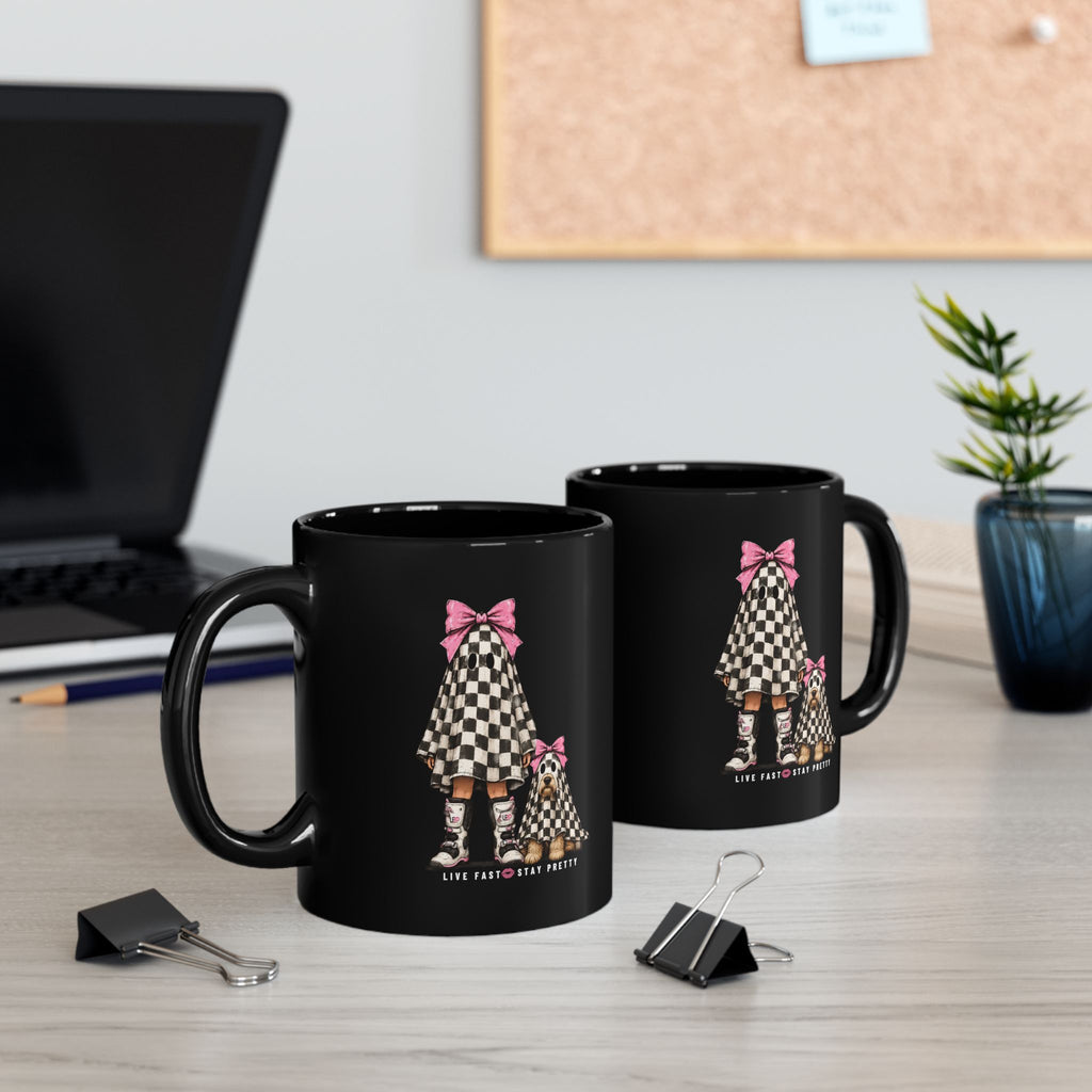 Checkerboard Ghost Girl & Puppy Mug (11oz/15oz)
