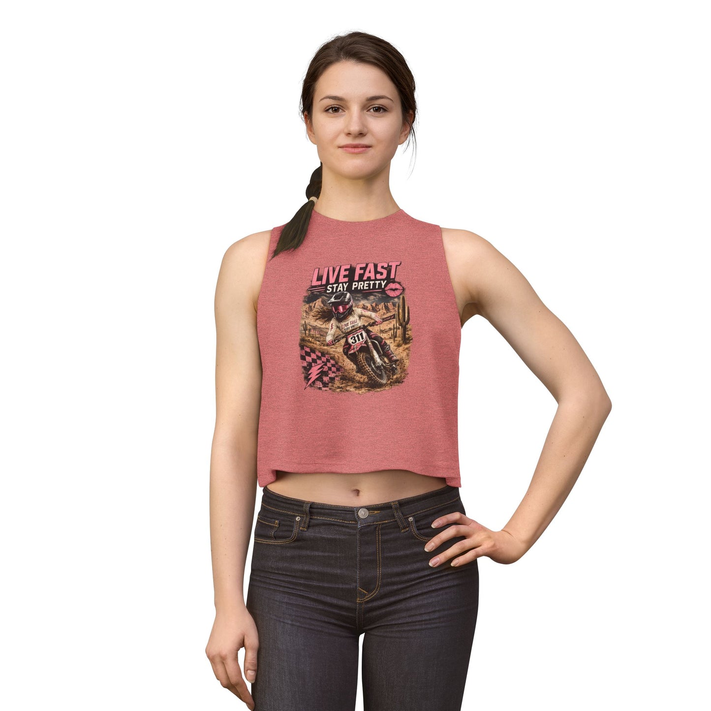 Live Fast Stay Pretty Motorcycle Rider Crop Top | Dirt Bike Graphic
