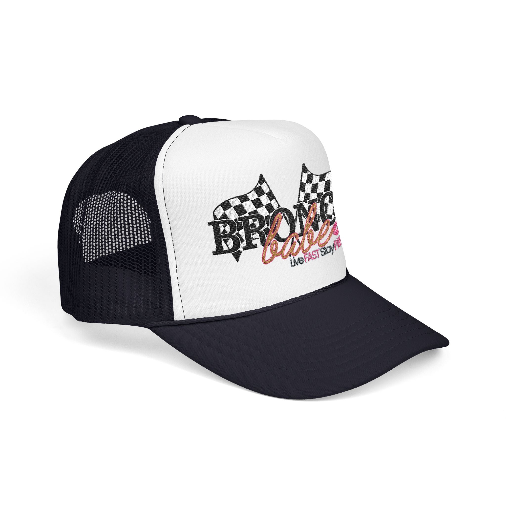 Bronco Babe Trucker Hat — Retro Racing Flag Foam Cap