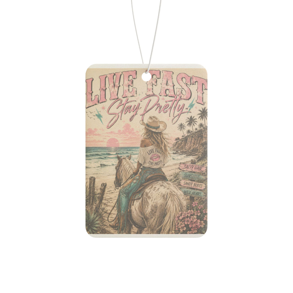 Live Fast Stay Pretty Car Air Freshener | Retro Cowgirl Beach Illustration