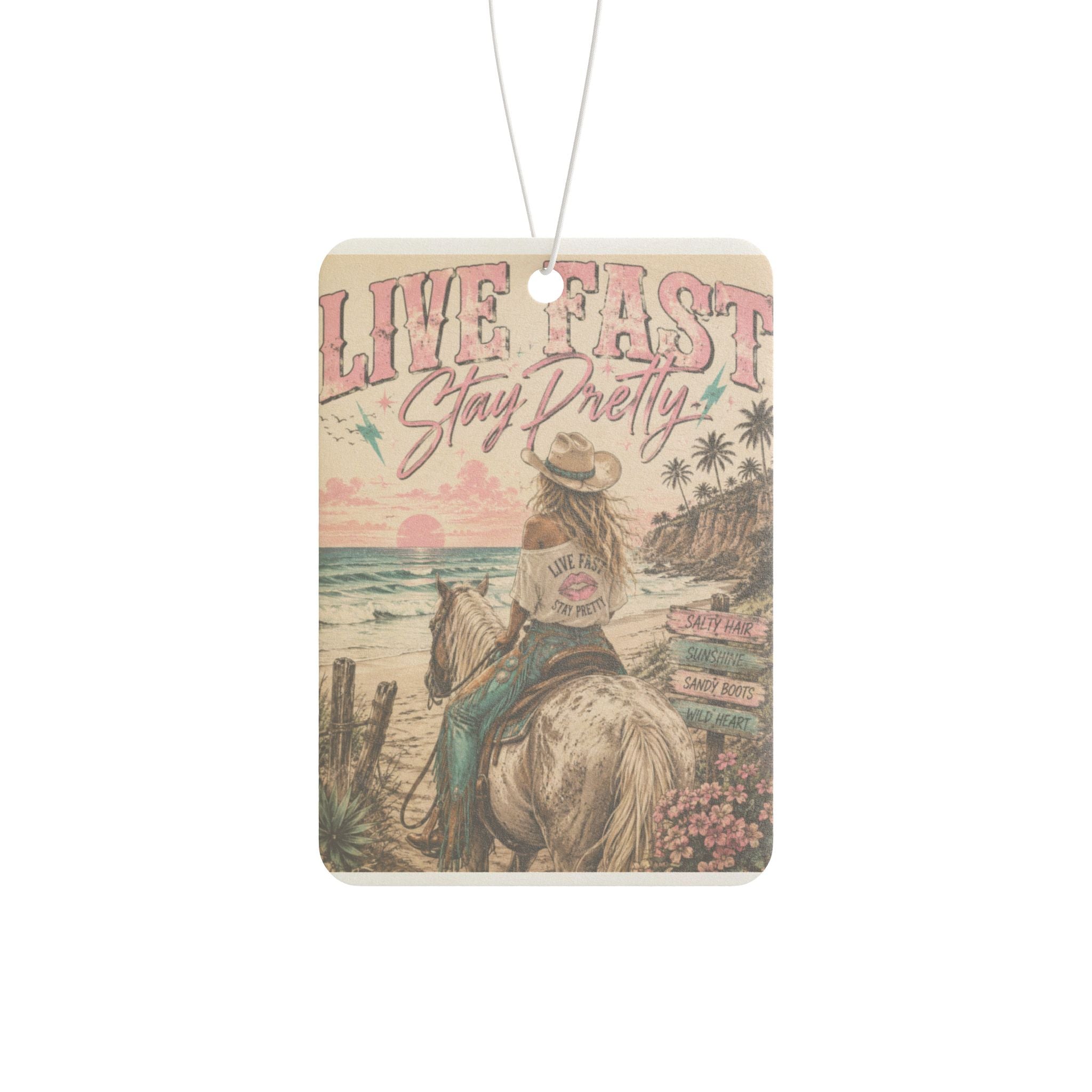 Live Fast Stay Pretty Car Air Freshener | Retro Cowgirl Beach Illustration