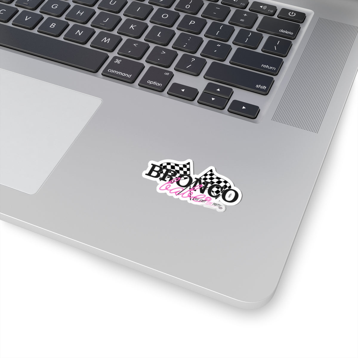 Bronco Babe Sticker — Checkered Flag Racing Decal with Pink Script
