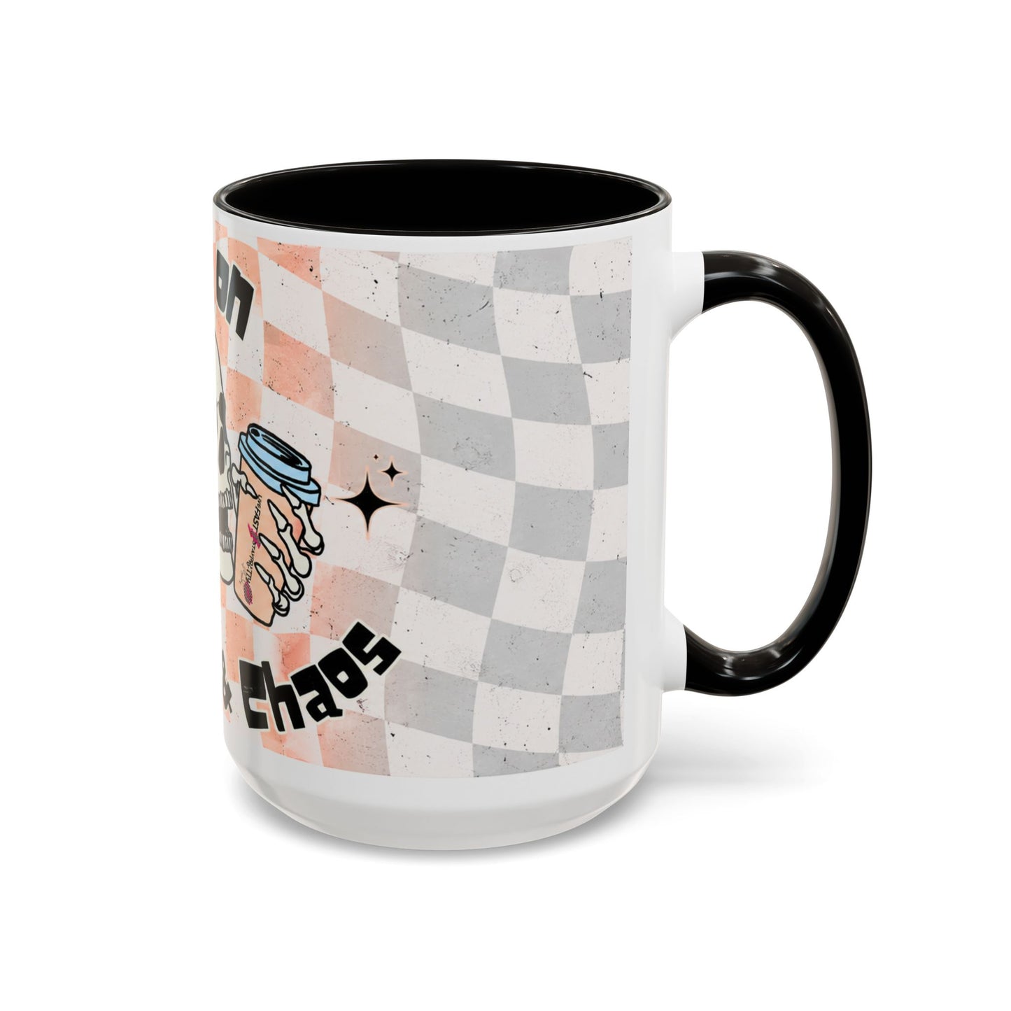 Skull & Coffee Ceramic Mug — 'Racing on Caffeine & Chaos' Checkerboard 15oz