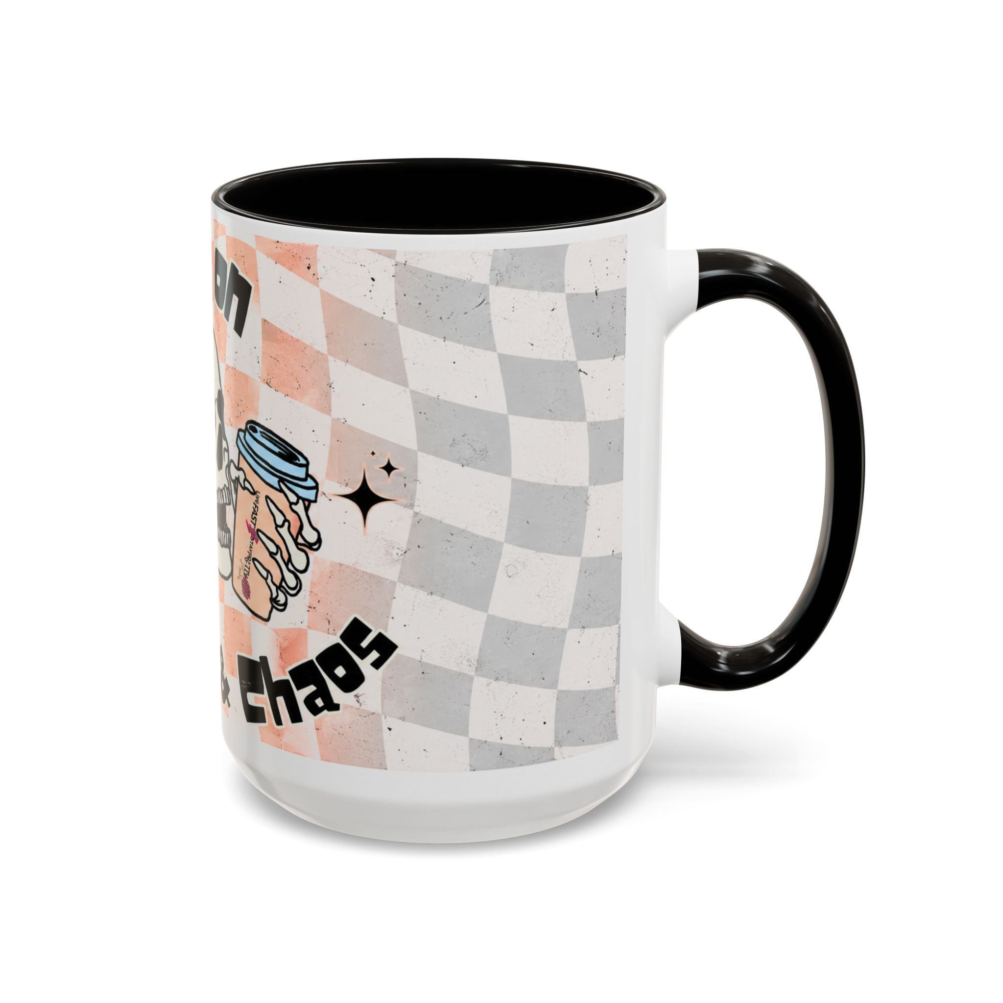 Skull & Coffee Ceramic Mug — 'Racing on Caffeine & Chaos' Checkerboard 15oz