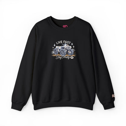 Embroidered Crewneck Sweatshirt — 'Live Fast, Stay Pretty' Mud 4-Wheeler