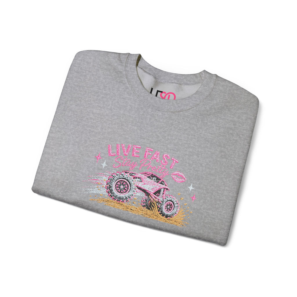 Embroidered Crewneck Sweatshirt — 'Live Fast, Stay Pretty Mud SXS