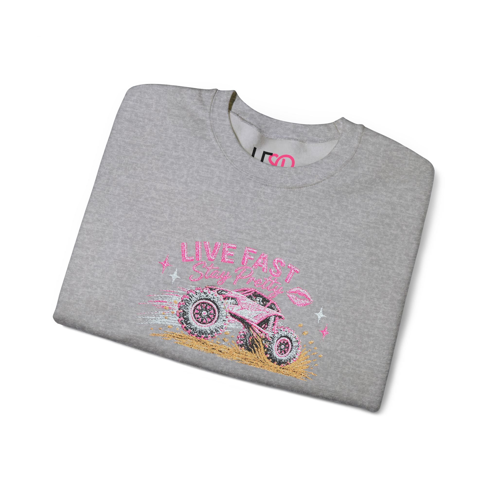 Embroidered Crewneck Sweatshirt — 'Live Fast, Stay Pretty Mud SXS