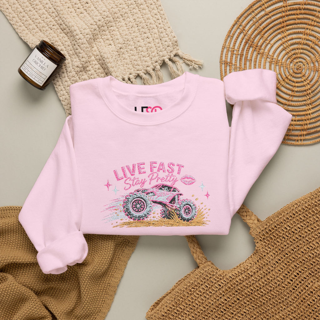 Embroidered Crewneck Sweatshirt — 'Live Fast, Stay Pretty Mud SXS