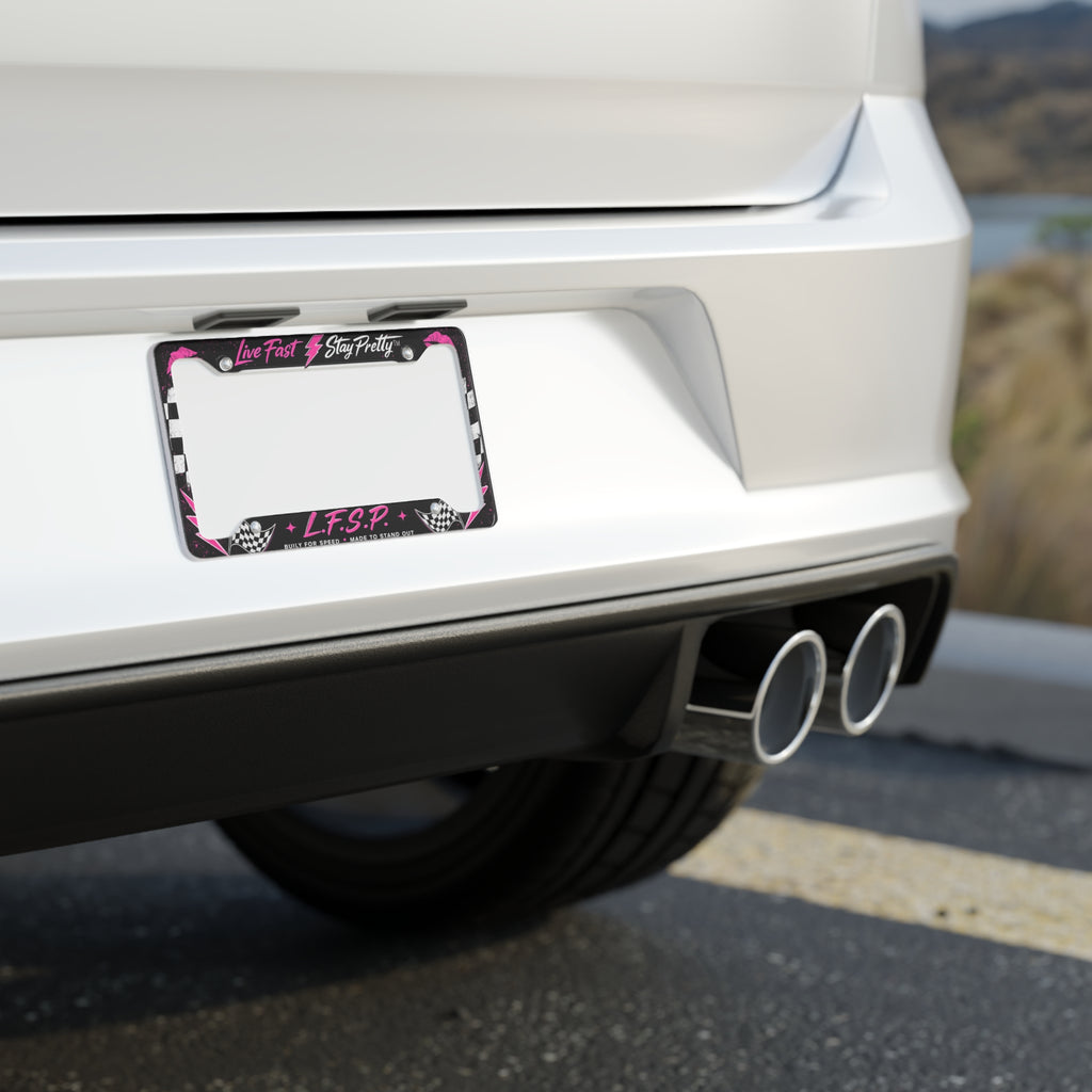 Live Fast Stay Pretty License Plate Frame | Pink Lightning Racing Checkered