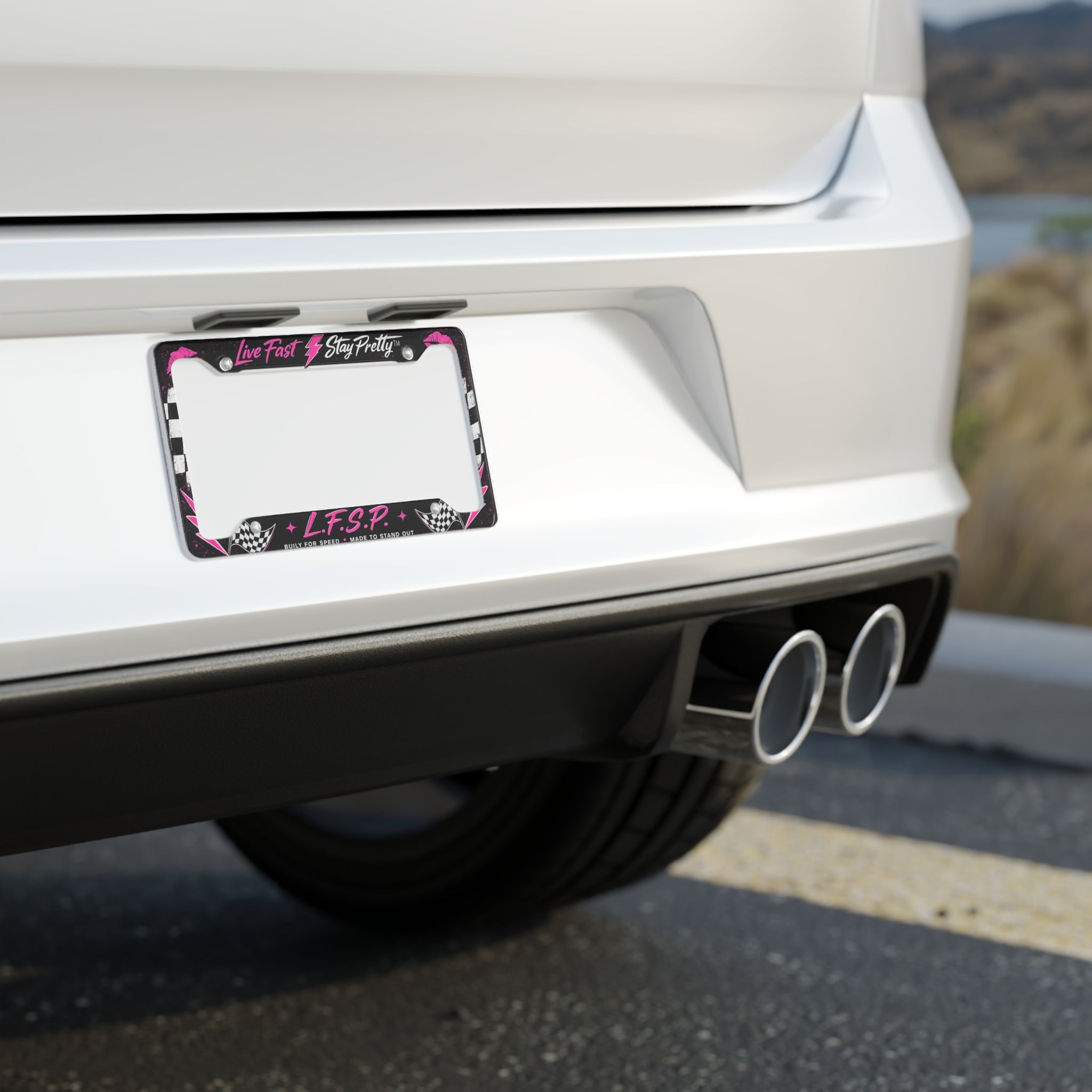 Live Fast Stay Pretty License Plate Frame | Pink Lightning Racing Checkered
