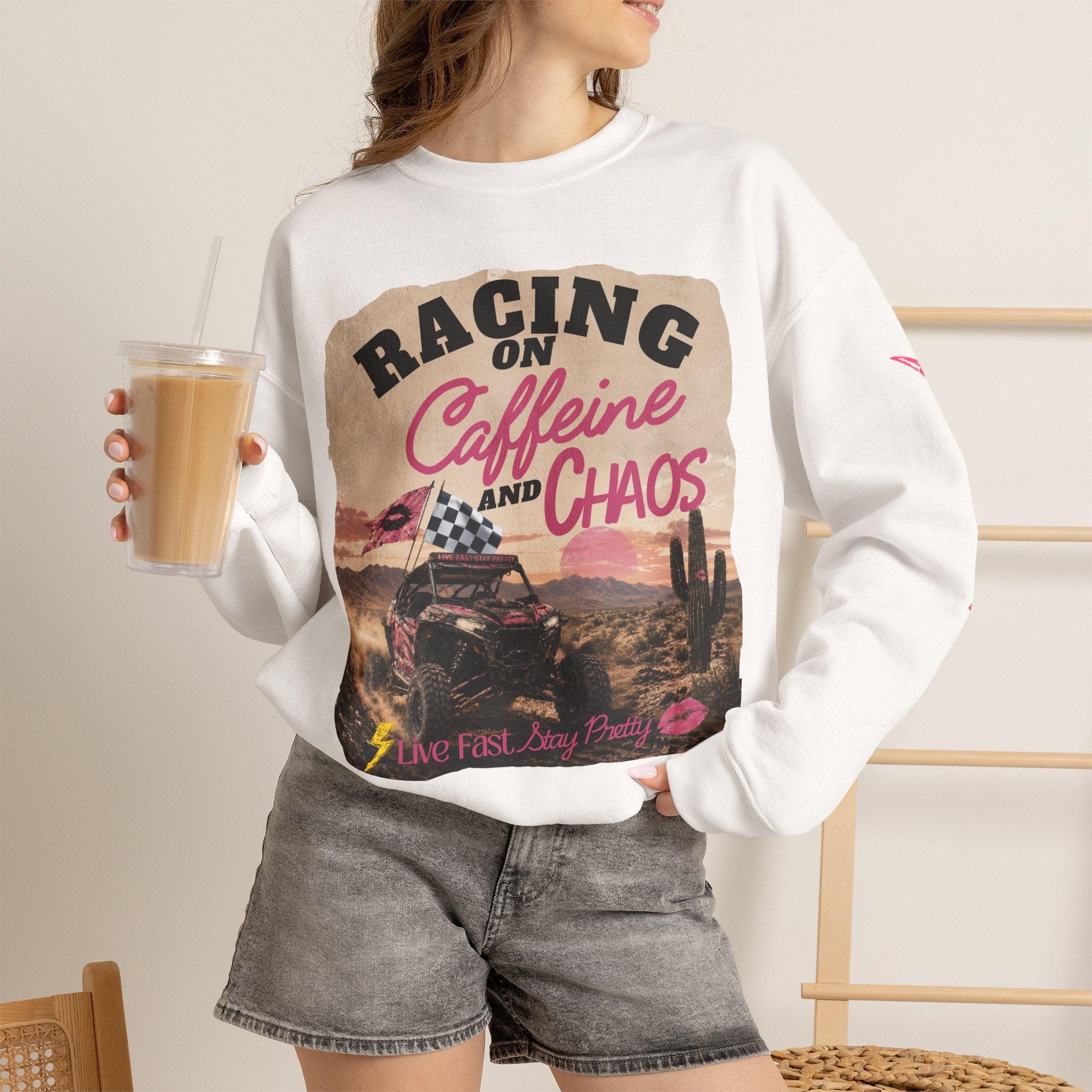 Crewneck Sweatshirt - "Racing on Caffeine and Chaos" Desert Off-Road Graphic