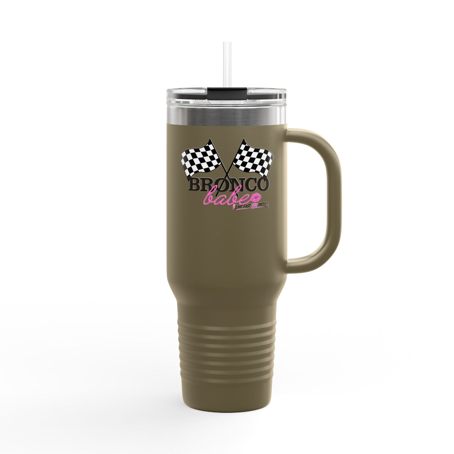 40oz Insulated Travel Mug — "Bronco Babe" Checkered Flag Design