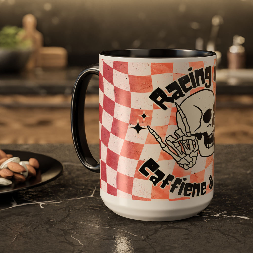 Skull & Coffee Ceramic Mug — 'Racing on Caffeine & Chaos' Checkerboard 15oz