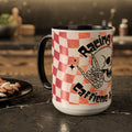 Skull & Coffee Ceramic Mug — 'Racing on Caffeine & Chaos' Checkerboard 15oz